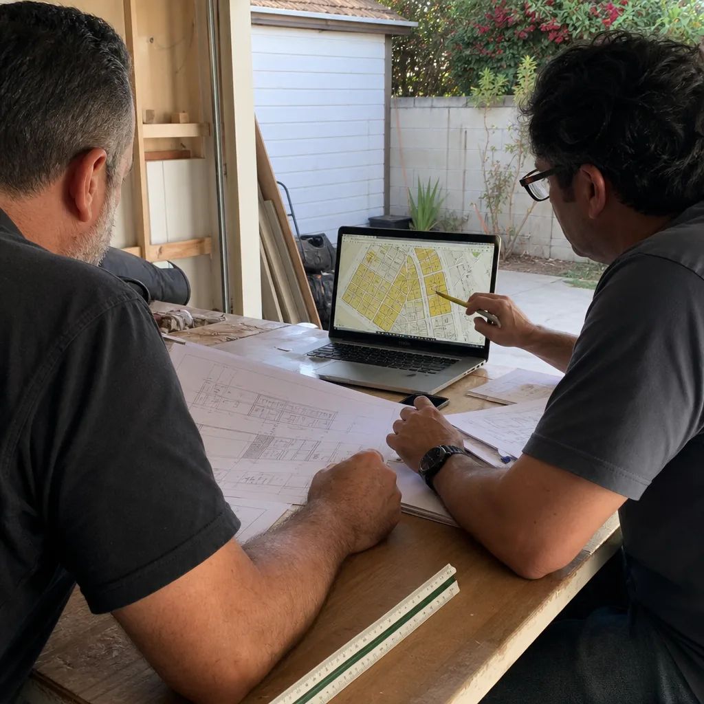 Two professionals reviewing ADU building plans and site maps on a laptop