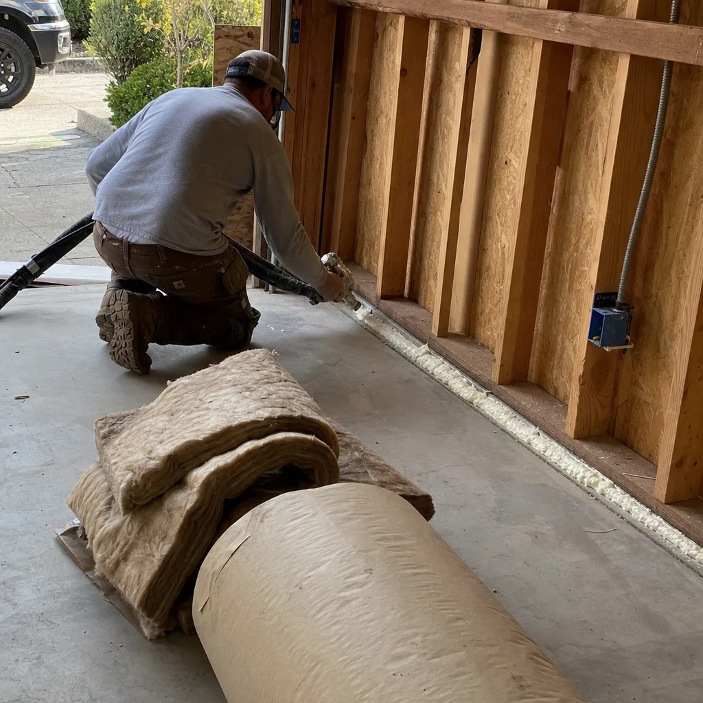 professional applying foam insulation to garage conversion wall base plate