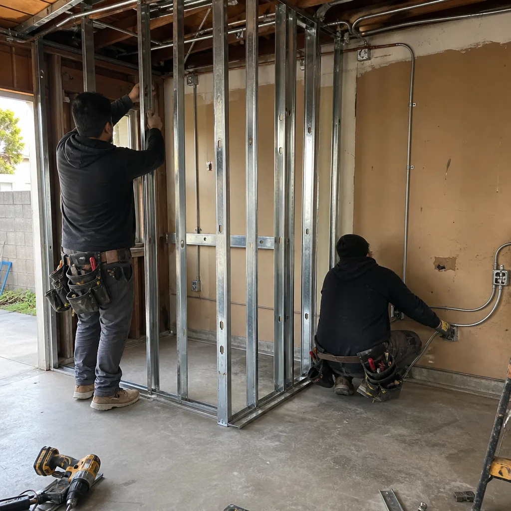 Contractors installing metal wall framing and electrical wiring for garage conversion.