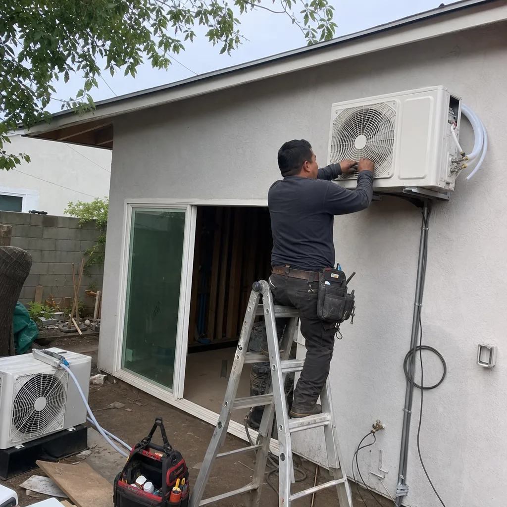 Technician installing ductless mini-split HVAC unit for garage conversion ADU