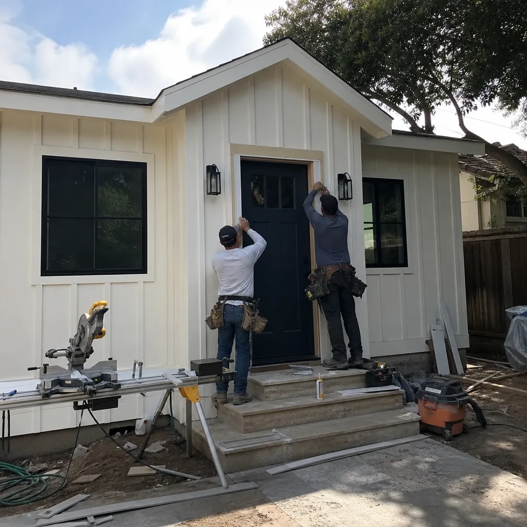 Contractors installing trim on a newly constructed detached ADU exterior.