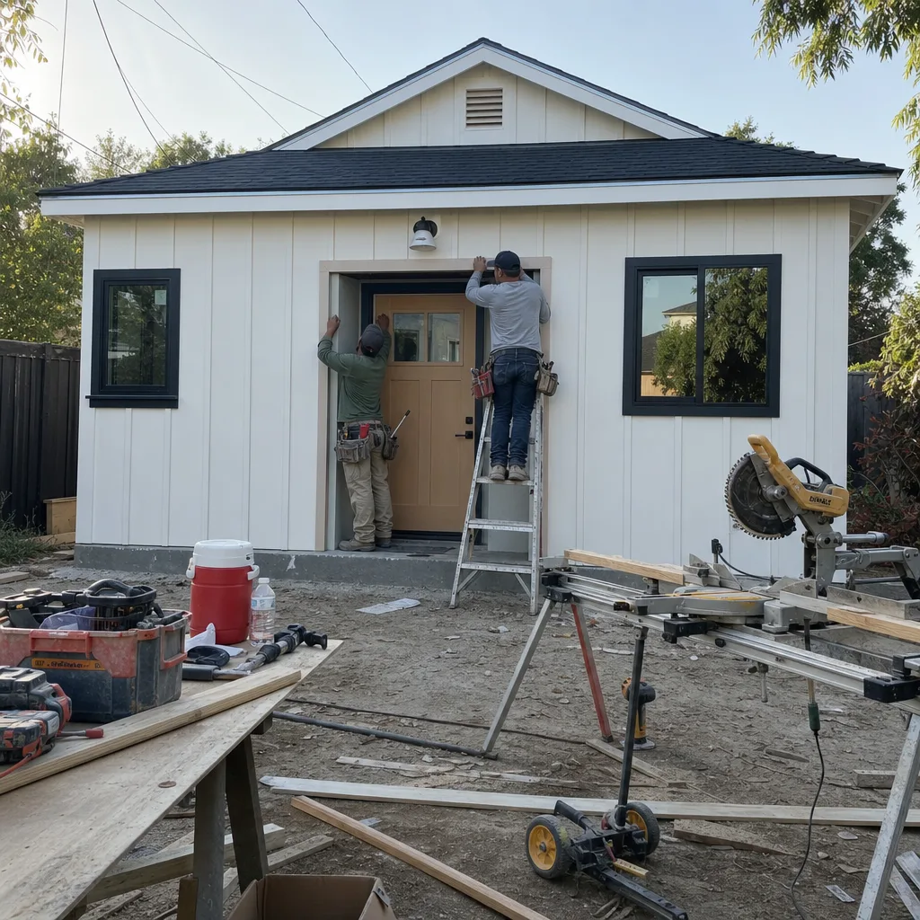 Two construction workers installing exterior trim on a modern detached ADU.