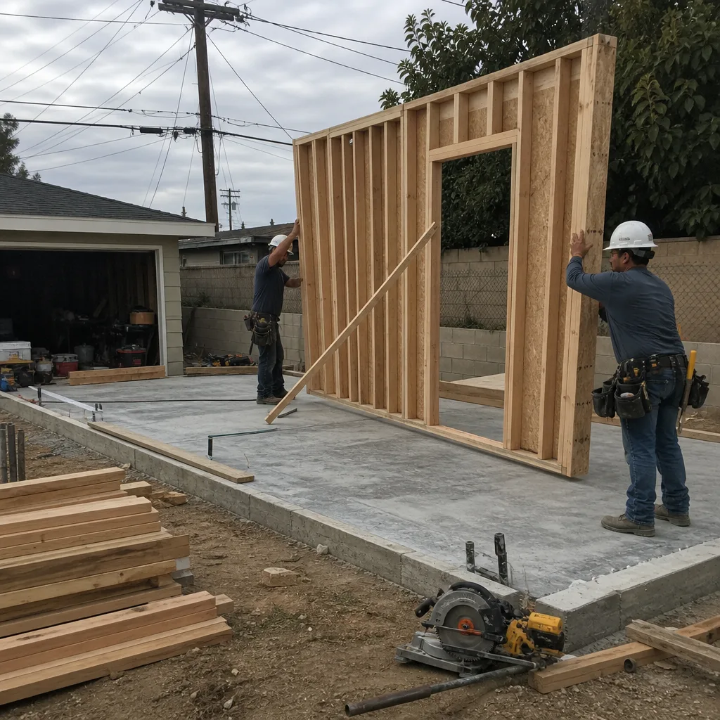 construction workers installing wood wall frame for new detached ADU project